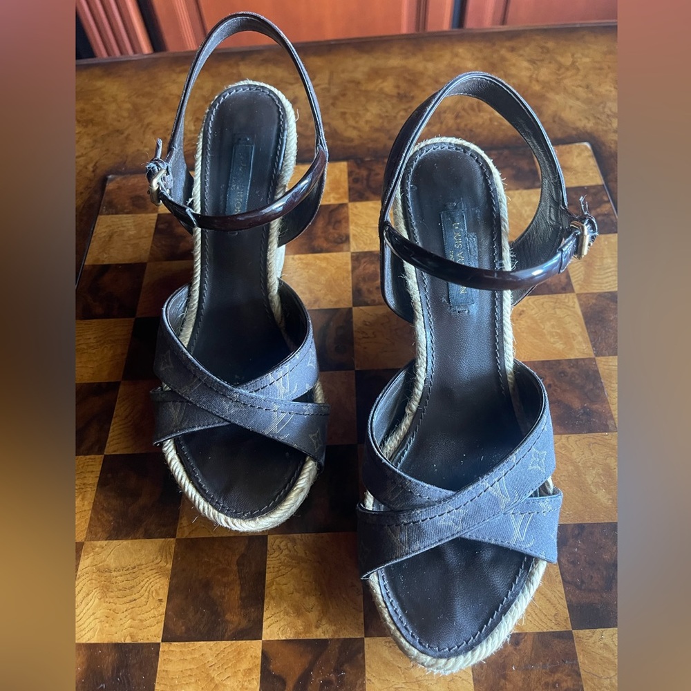 Louis Vuitton Monogram Espadrille Wedge Sandals Brown Canvas SZ 36.5